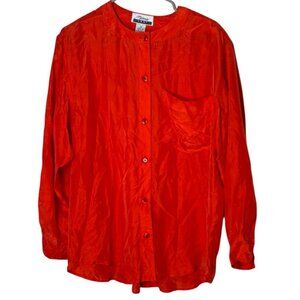 Vintage Marnie West Womens S Orange Silk Button-Up Shirt Pocket Long Sleeves